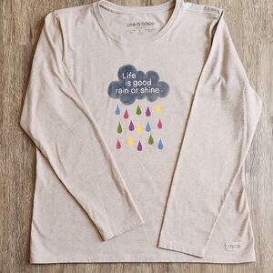 Life Is Good Cream Long Sleeve Tee with Cloud and Multicolor Raindrops